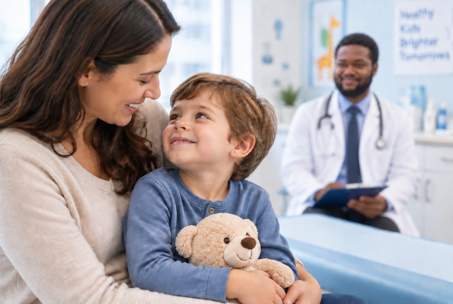 A doctor speaking with a mother and child during a family medical appointment